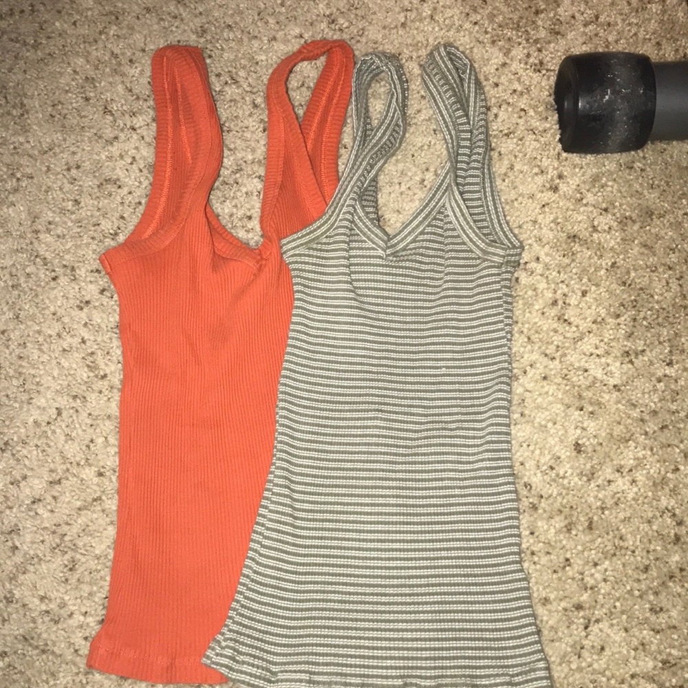 Burnt orange and green/ white striped tank tops
